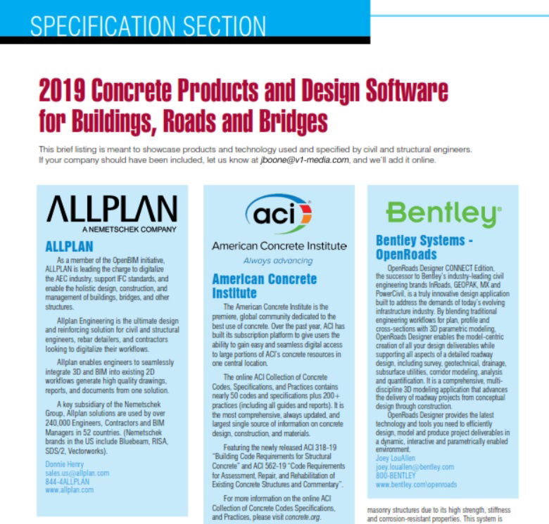 Specification Section: 2019 Concrete Products and Design Software for Buildings, Roads and Bridges