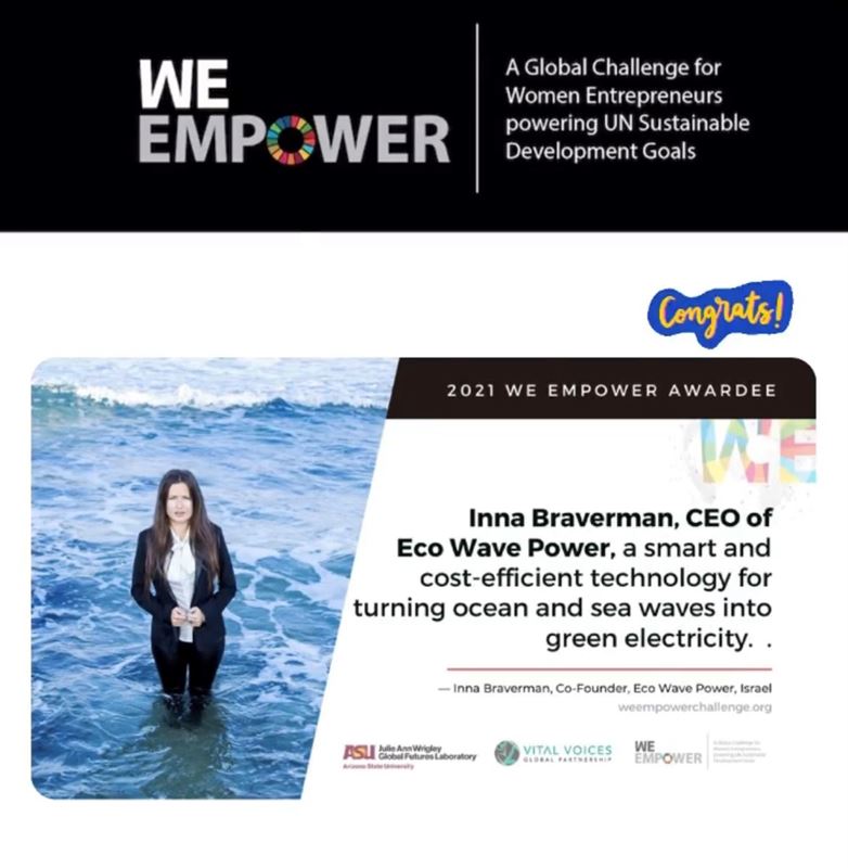 Inna Braverman, Founder and CEO of Eco Wave Power, Awarded the SDG Excellence Award by WE EMPOWER- A Global Challenge for Women Entrepreneurs Powering UN Sustainable Development Goals