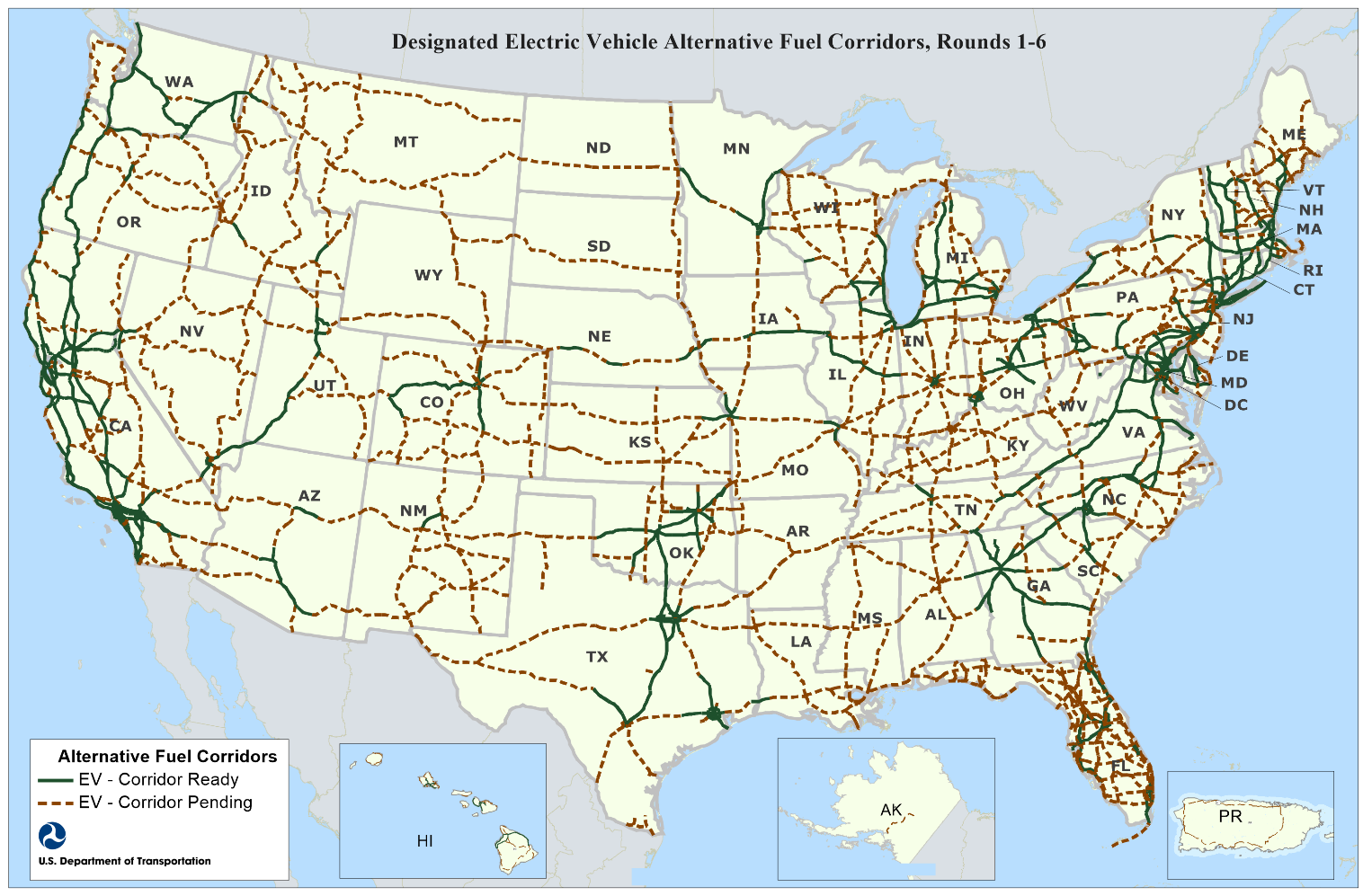 USDOT Announces All 50 States, DC and Puerto Rico Now Have Alternative Fuel Corridor Designations, Which Will Help Build Out National Electric Vehicle Charging Network