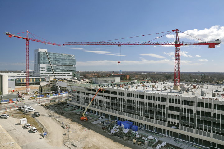 Two scopes, two cranes, one campus: Potain tower cranes support major hospital-campus build in Milwaukee
